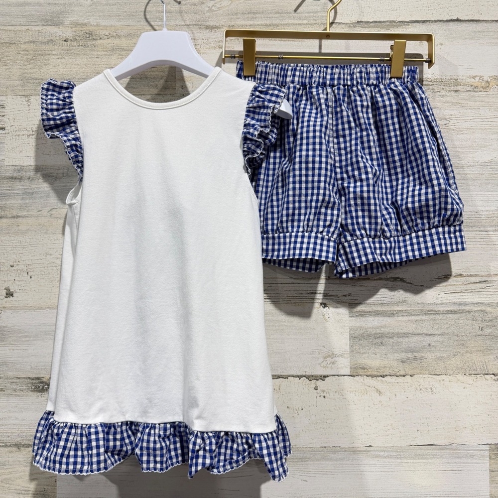 Classic Whimsy Tunic Short Set Girls 10 Blue Gingham Ruffle Bow Preppy EUC